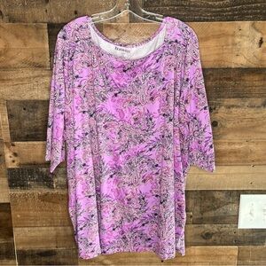 Roamans Top Womens 2X 26/28 Plus Purple Paisley 3/4 Sleeve Boat Neck Tunic Tee